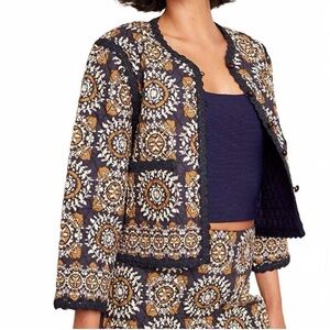 Cara Cara Marissa Blue Medium Tile quilted Cropped jacket Braided Trim Sz Med